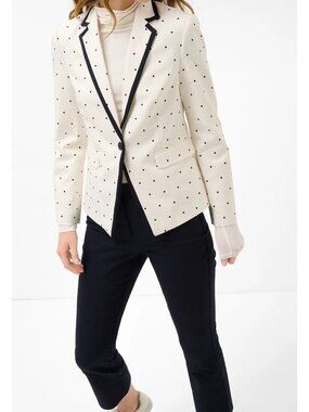 Merona Blazer Jacket Womens Size 10 Cream Polka Dot Black Trim Lapel